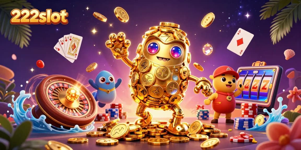 Pemain 222slot mengaktifkan jackpot fantastis dengan simbol slot dan koin emas meluncur.
