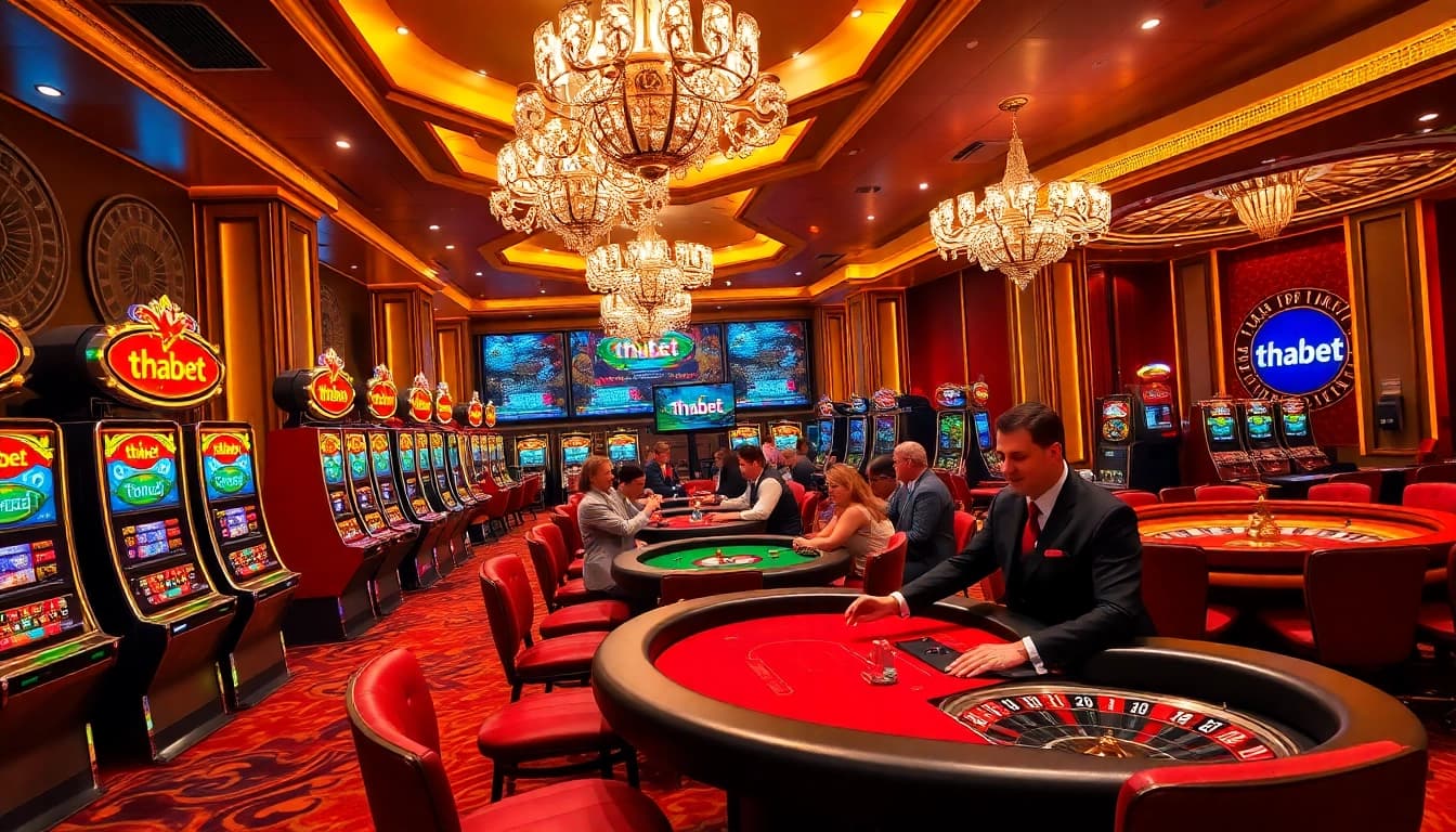 Exciting gambling scene showcasing thabet logo on luxurious slot machines and poker tables.