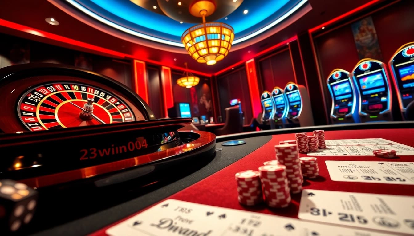 An engaging online gambling scene featuring 23win04 with poker chips, a roulette wheel, and a vibrant casino ambiance.