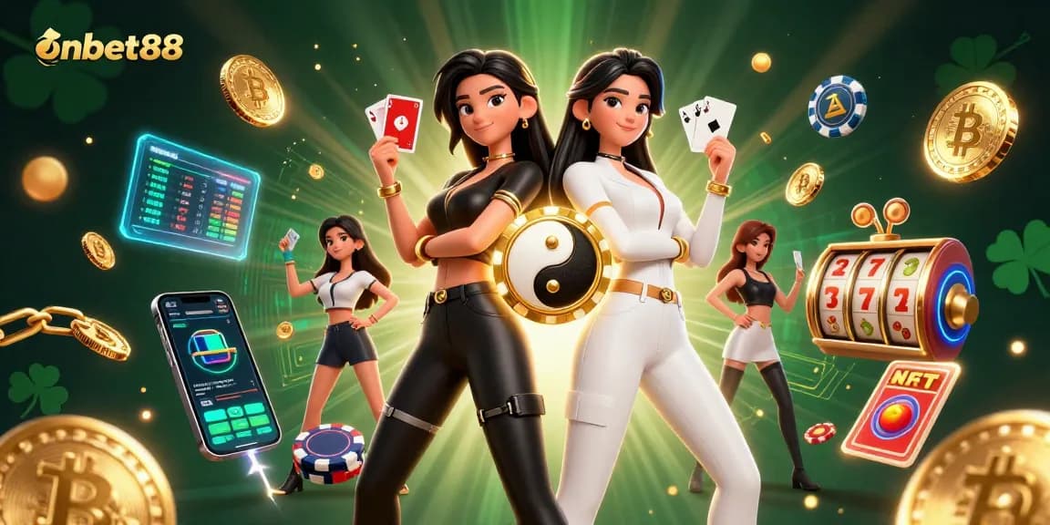 Engage with onbet88's thrilling gaming atmosphere featuring stunning visuals of twin Asian women in a dynamic casino scene.