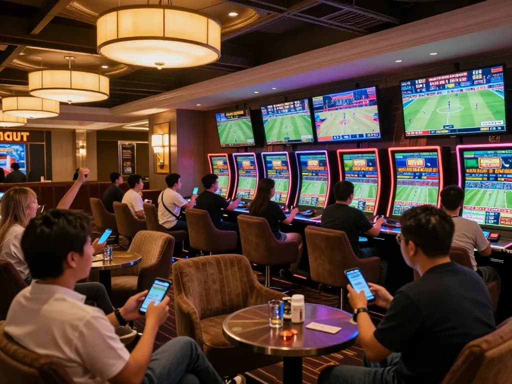 View of sports betting enthusiasts engaging with kèo nhà cái in a lively casino setting.