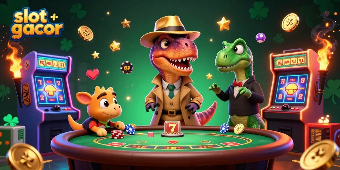 Experience thrilling slot gacor action with a velociraptor card counter at the blackjack table in a vibrant casino scene.