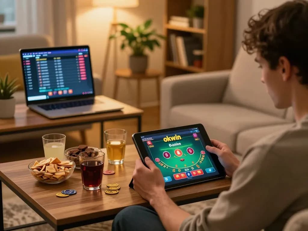 Player enjoying the okwin casino app on a tablet during a cozy home gaming session.