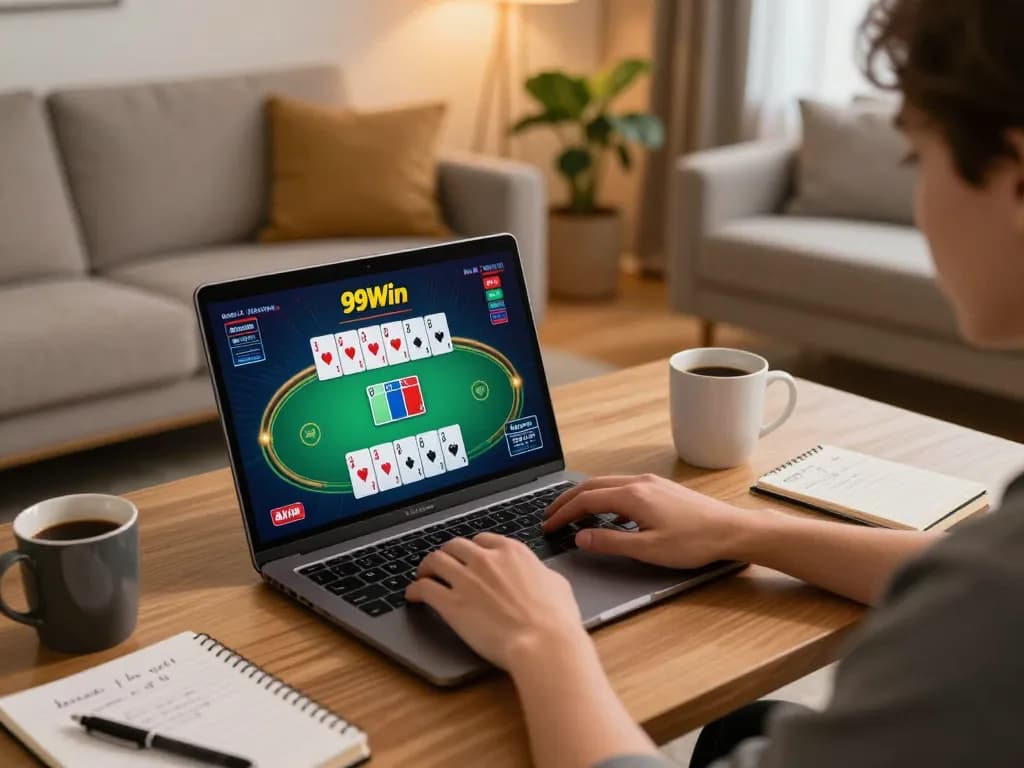 Player engaged in online gambling on 99Win, showcasing poker strategy at home