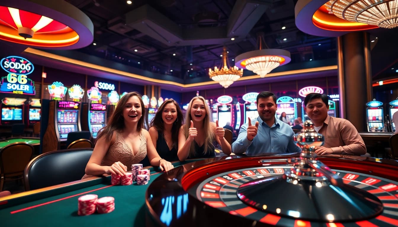 SODO66 casino players engaging with vibrant poker chips and roulette wheel.