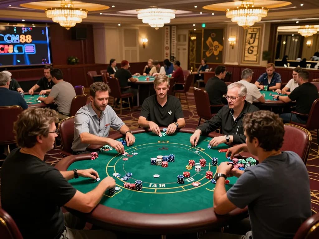 CM88 players engaging at poker tables, surrounded by vibrant casino atmosphere and warm lighting.
