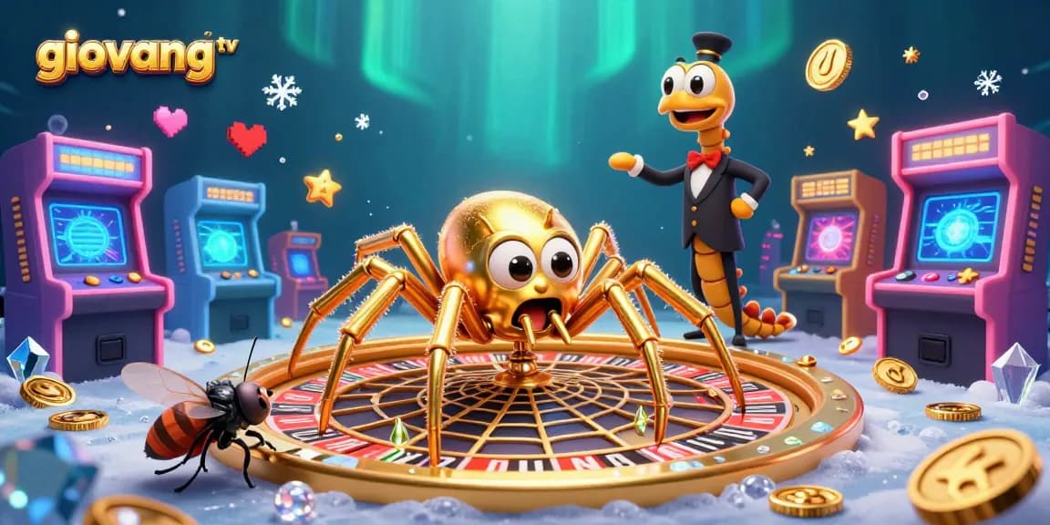 Experience the excitement of giovang tv as a spider spins a roulette wheel, set in a vibrant casino world with arcade machines.
