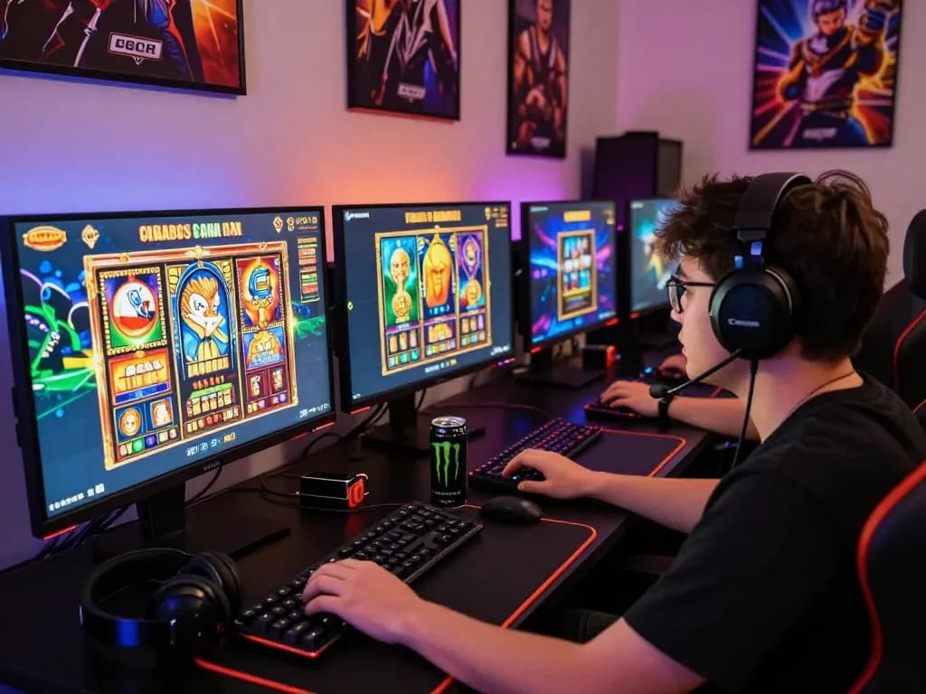 pemain situs slot gacor yang fokus pada beberapa monitor yang menampilkan permainan slot yang penuh warna dalam pengaturan permainan yang energik