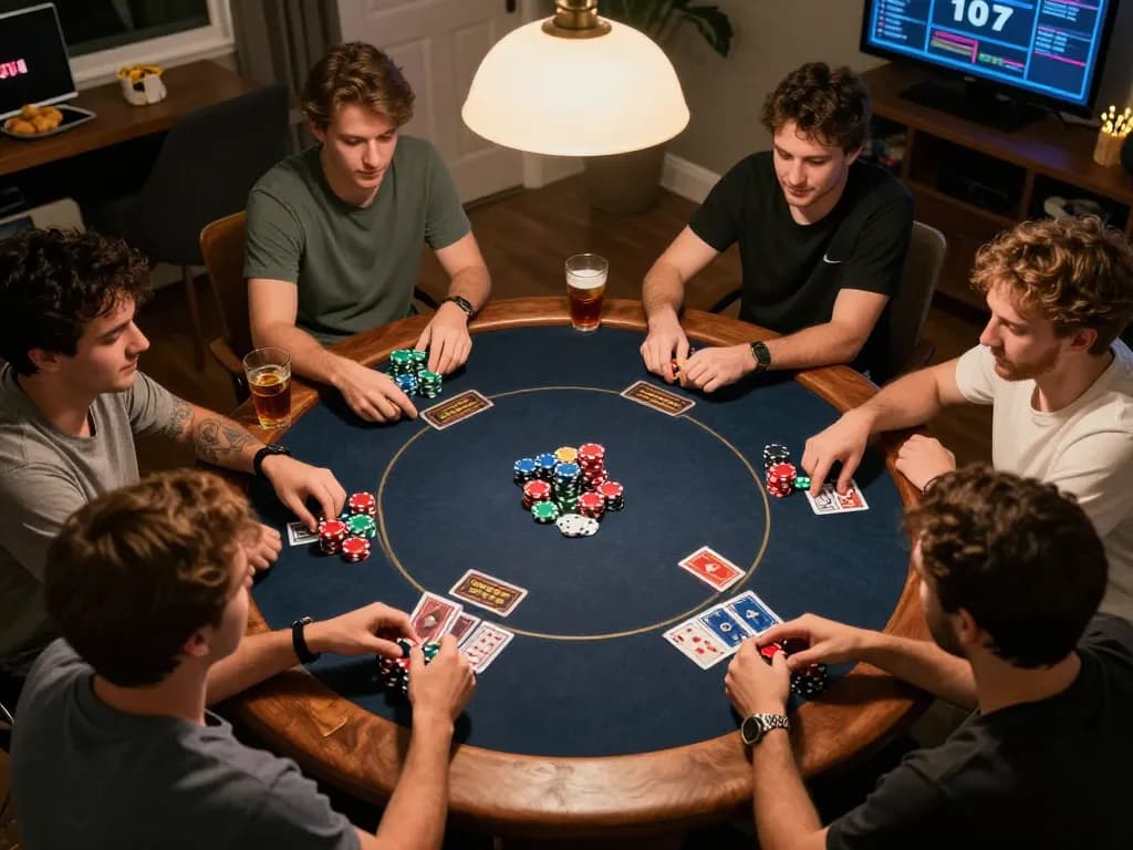 Bongdalu users enjoying an exciting home poker night with friends and vibrant chips.