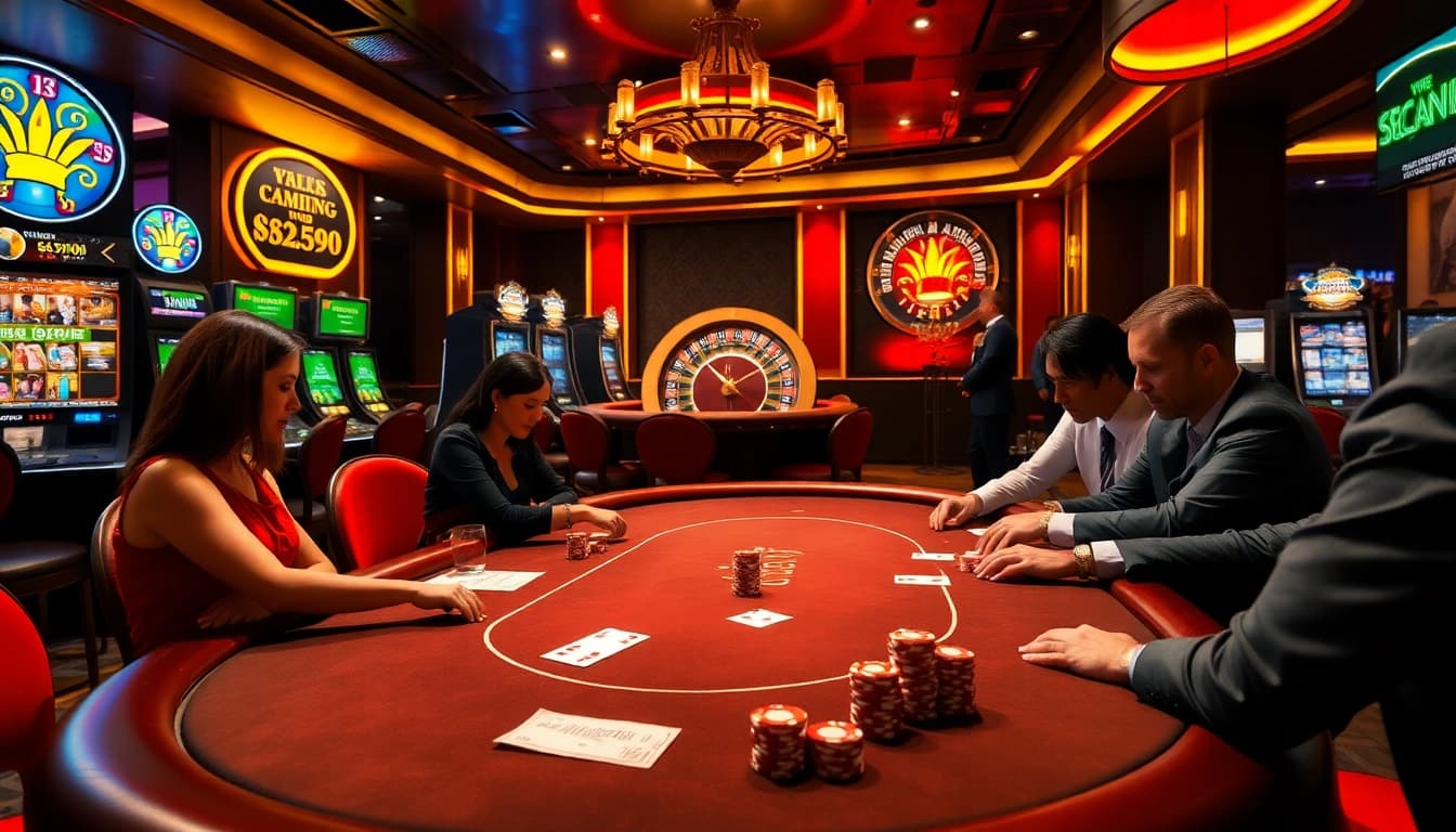 Gamblers enjoying intense play at a luxurious casino table inspired by https://thabet1.net/, showcasing poker chips and slot machines.
