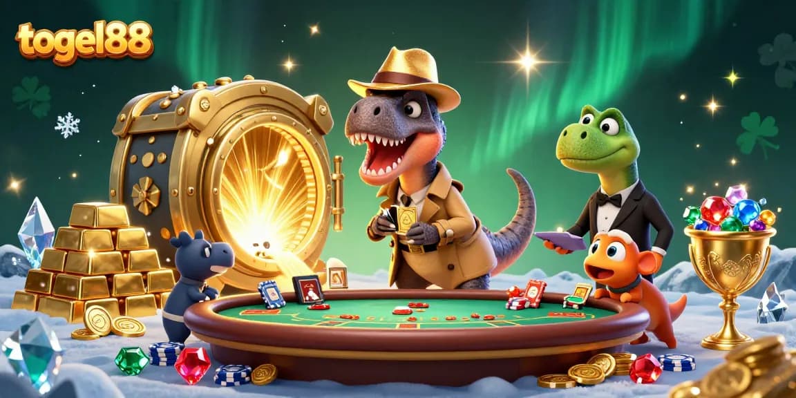 Togel88 showcases a 3D velociraptor card counter at a blackjack table amid gold treasures.
