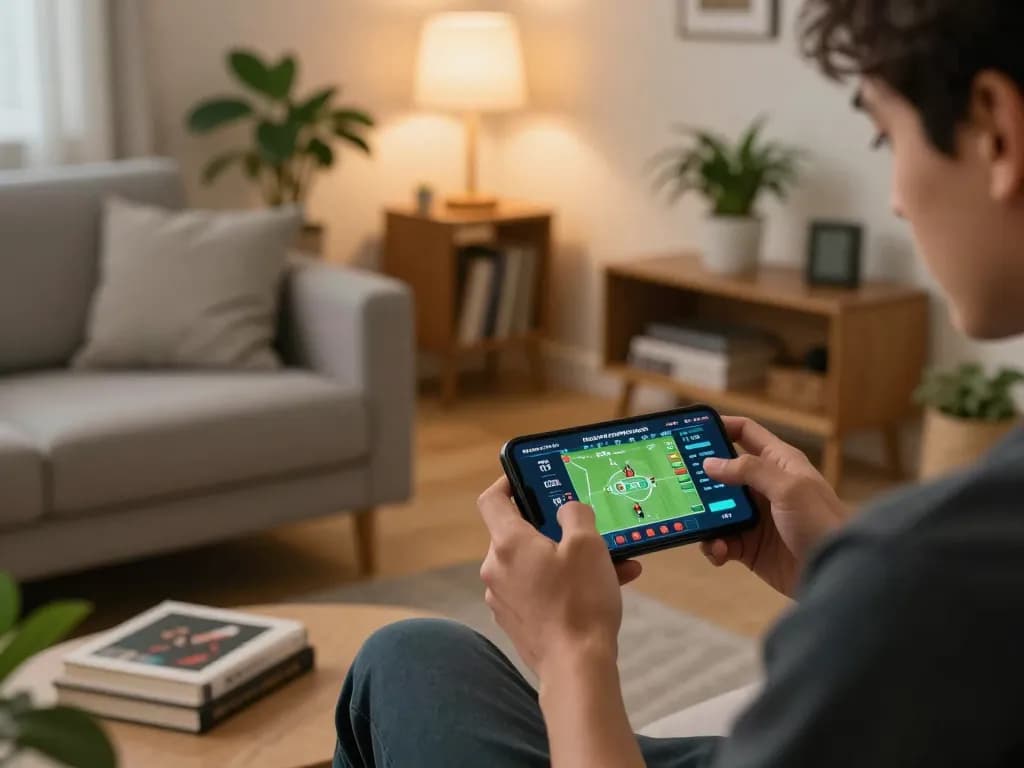 Betting on sports using TG 777 app in a cozy living room setting, featuring dynamic action and user engagement