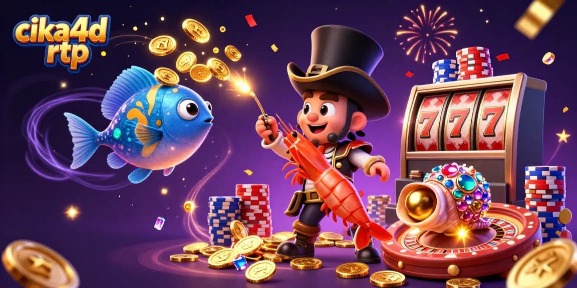 Engage with cika4d rtp slots featuring lively characters surrounded by golden coins, roulette wheels, and poker chips.