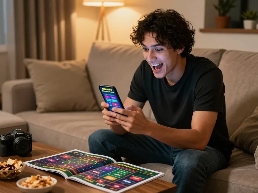 Gamer enjoying 888newcasino app on smartphone, showcasing strategic online gambling atmosphere.
