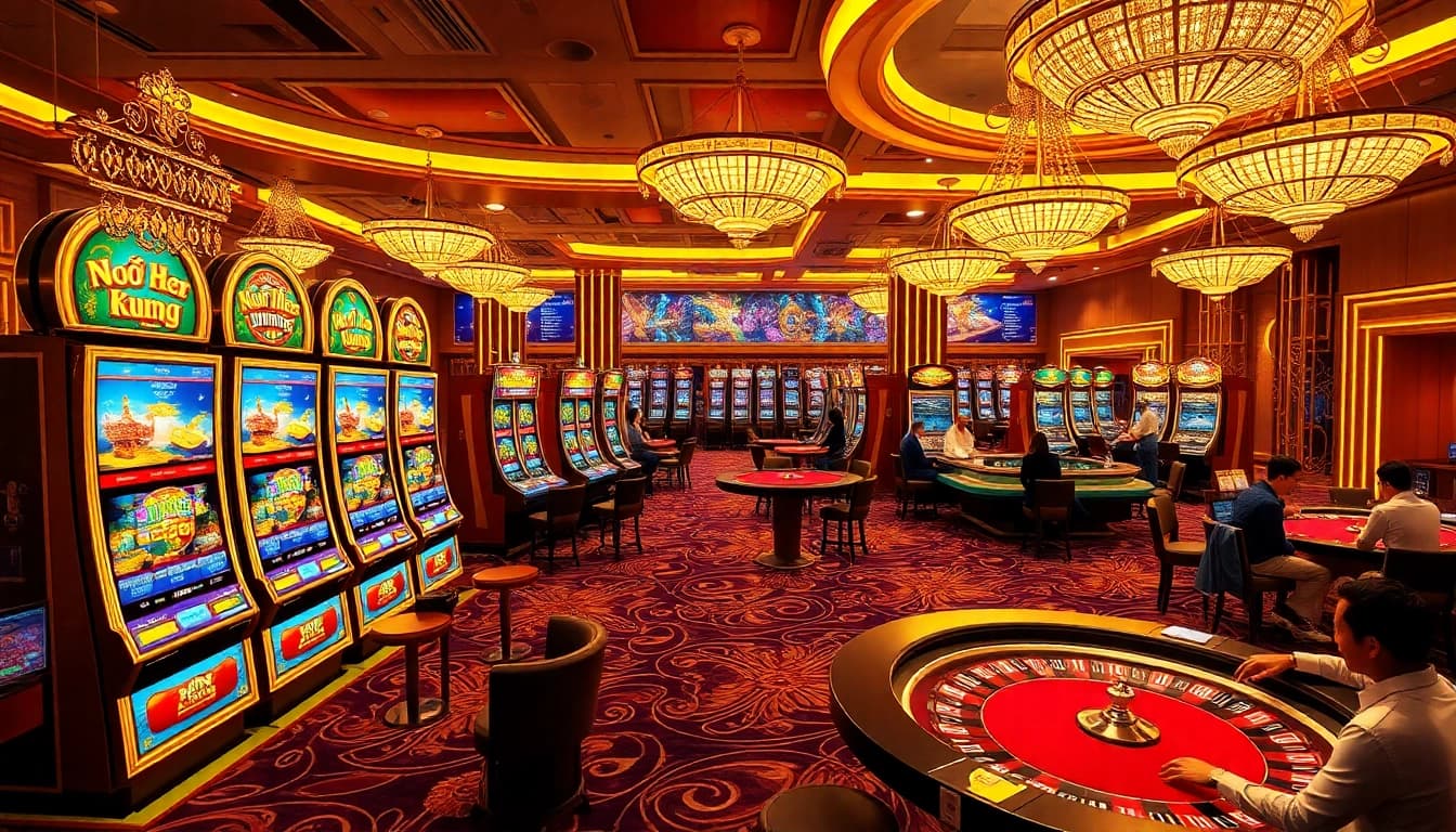 Nổ Hũ Đổi Thưởng capturing a luxurious casino scene filled with vibrant slot machines, poker tables, and excitement.