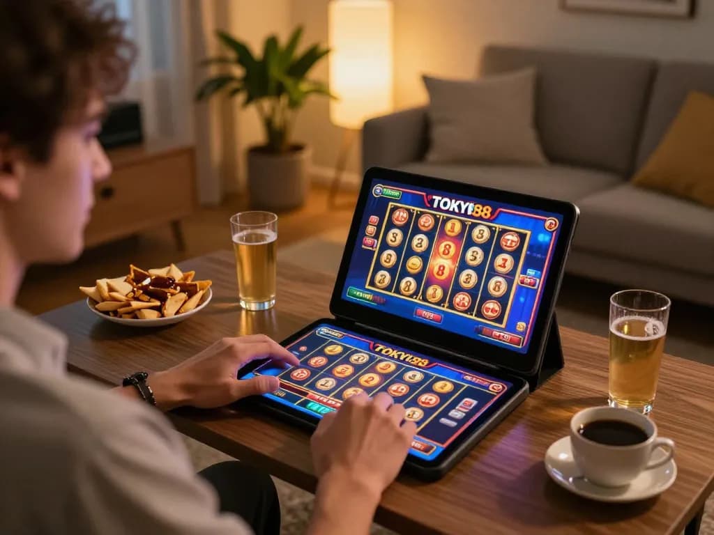 Pemain yang terlibat menggunakan tablet TOKYO88 untuk sesi perjudian yang mendalam dengan grafik slot yang dinamis.