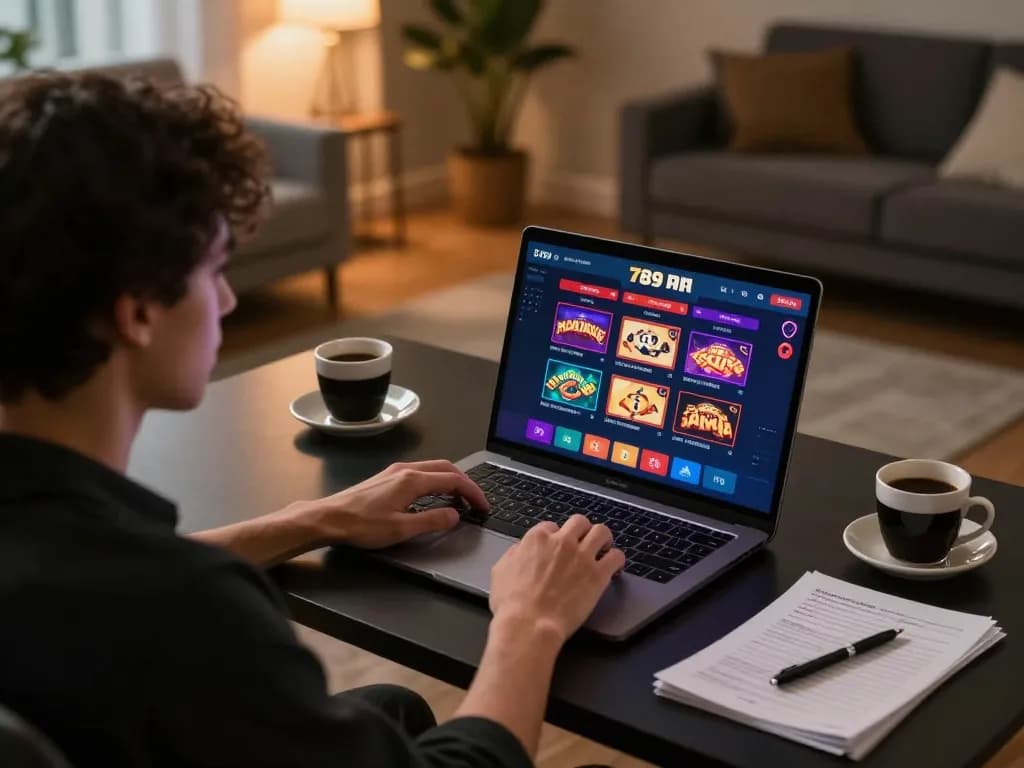Player enjoying online gambling at 789P with a laptop and strategy notes in cozy home setting