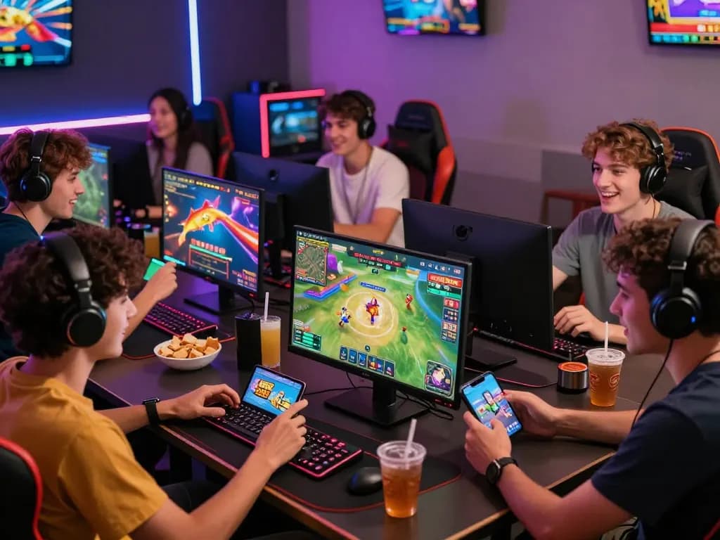 Friends enjoying 79King online gaming experience with vibrant screens and snacks.