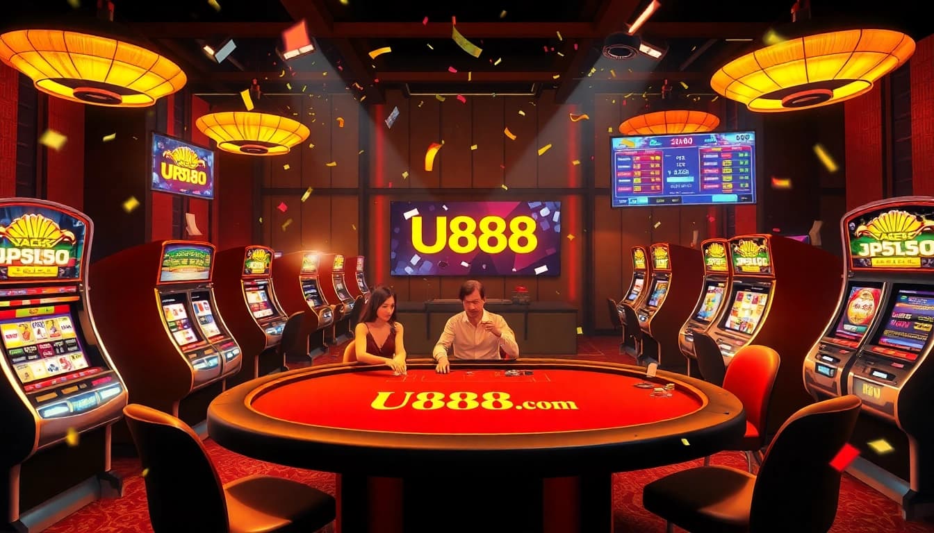 Engage in high-stakes poker at U888.com with vibrant slot machines and lively atmosphere.