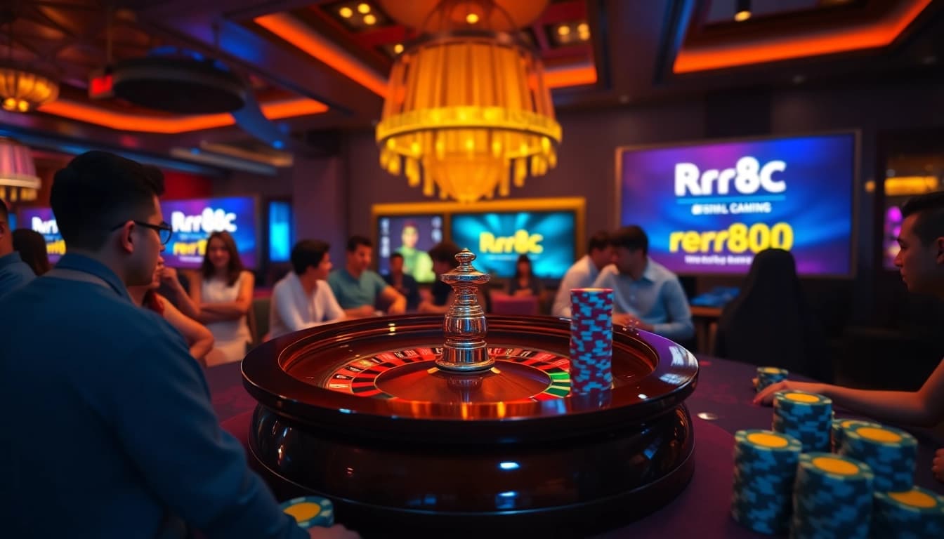 Exciting casino atmosphere showcasing roulette at https://rr88c.mobi/ with poker chips and players.