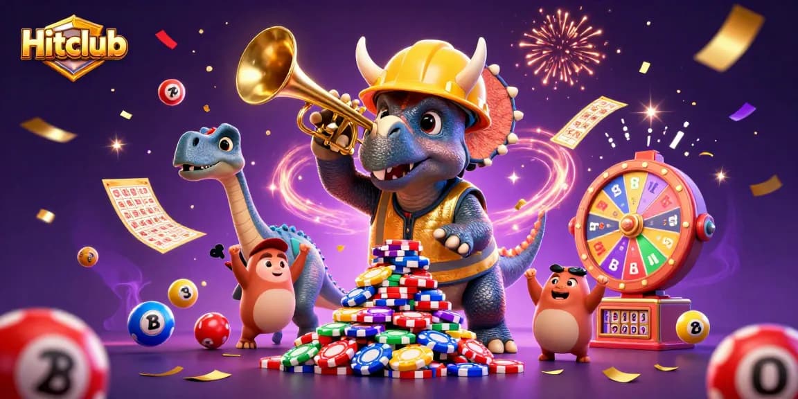 Hitclub players celebrate with colorful casino elements in a festive digital illustration.