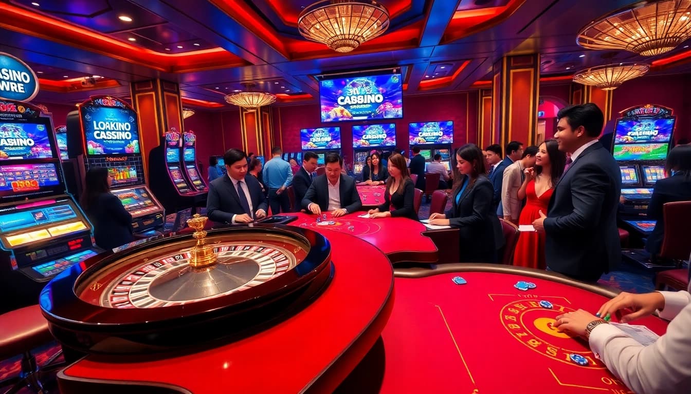 Players enjoying a thrilling casino experience at https://789winlem.com/ with vibrant slot machines and roulette.