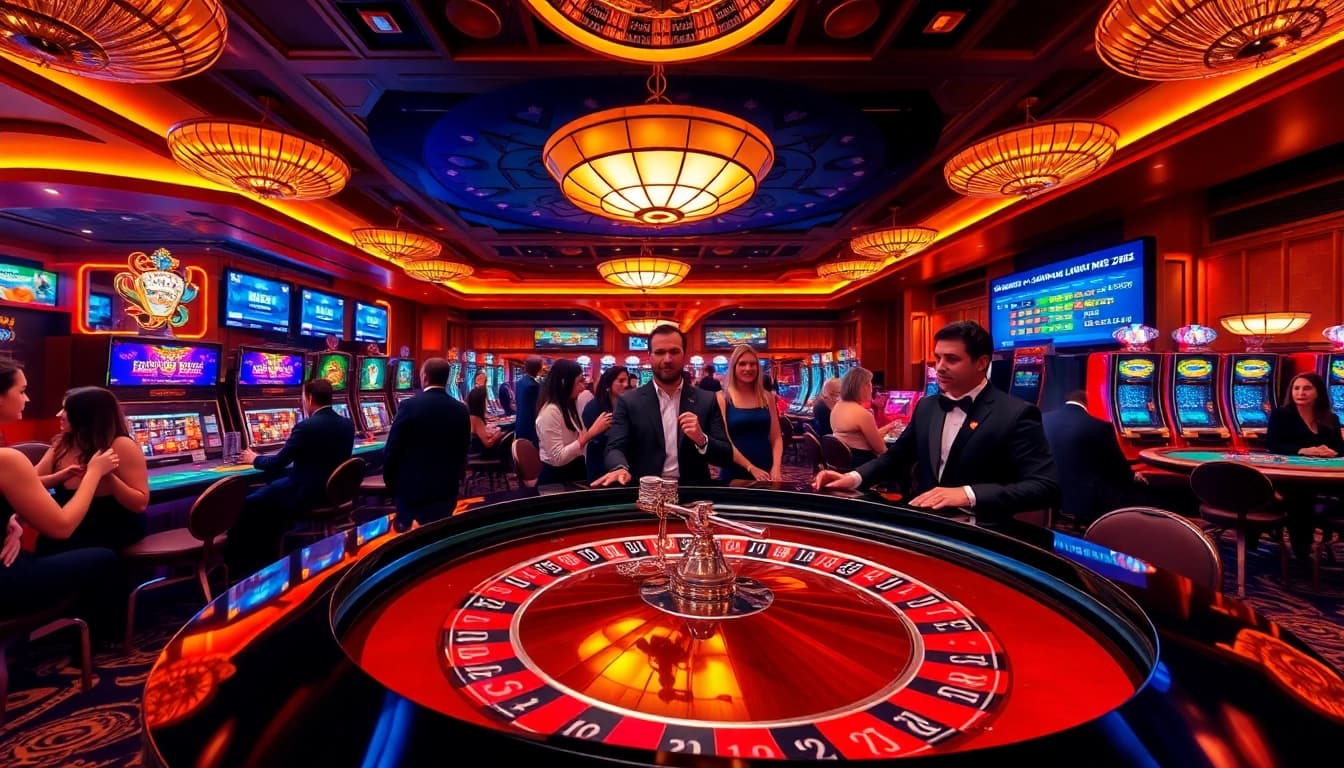 Situs Judi Bola Piala Dunia 2028 highlighted by a lively casino table with poker chips and vibrant slot machines.