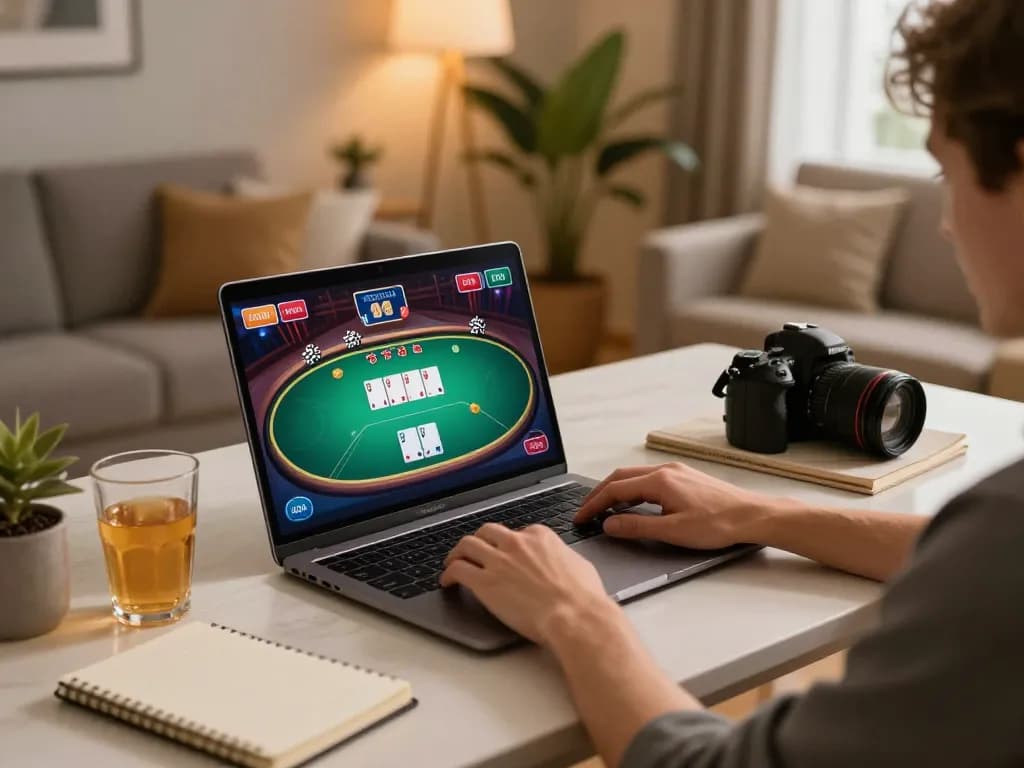 Player focused on online casino game at lv88cha.com, showcasing strategy and engagement in cozy home setting