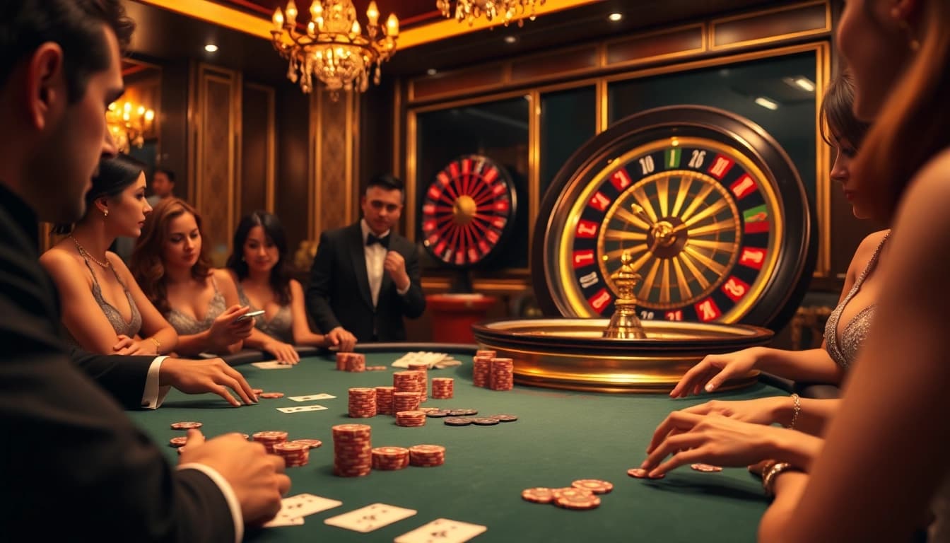 Players enjoy a thrilling poker game at pg88 casino under luxurious lighting.