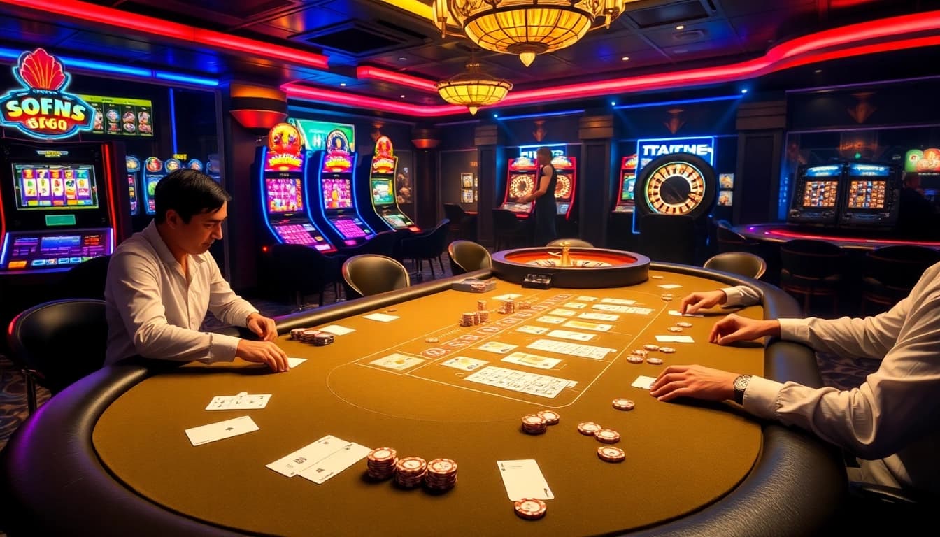 S666 players enjoying an exciting blackjack game with vibrant casino elements.
