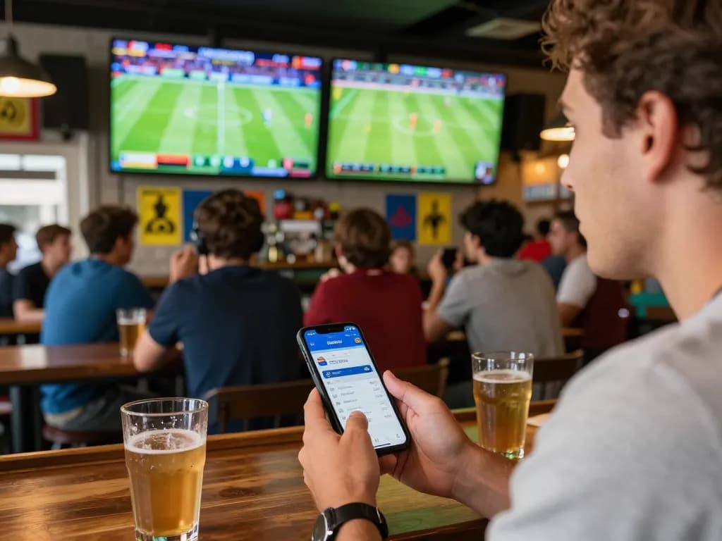 Bettor analyzing keonhacai odds on smartphone while enjoying live soccer at a bustling sports bar