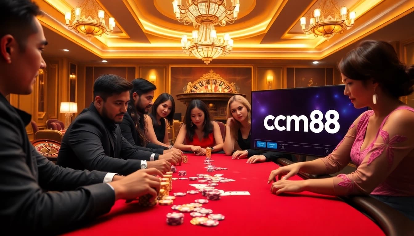 Experience excitement at CM88's vibrant casino gaming table with poker chips and cards.