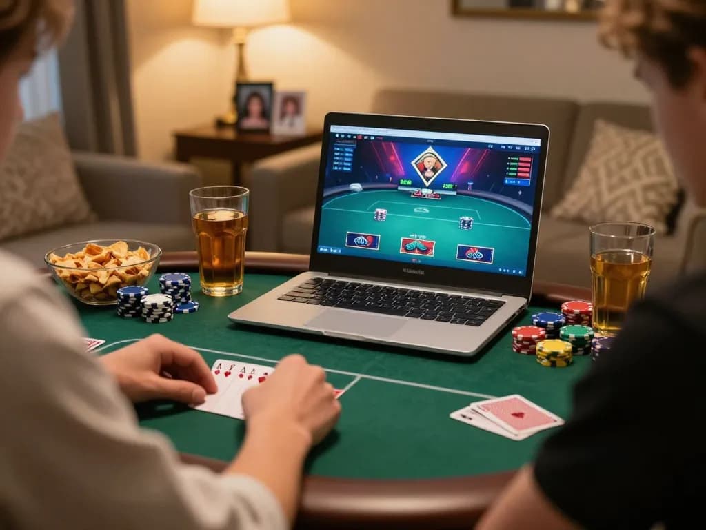 Playing poker online at luck88com from a cozy home setup with dynamic atmosphere and lively interaction.