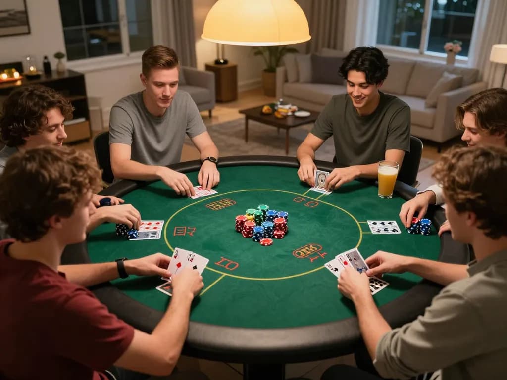 Engaged friends playing poker at home with F8bet chips stacked, lively atmosphere