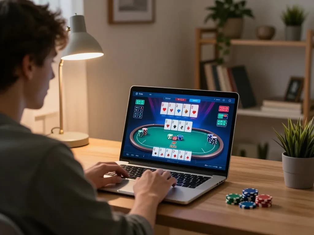 Engaged player participating in situs idn poker online session at home, showcasing vibrant poker interface.