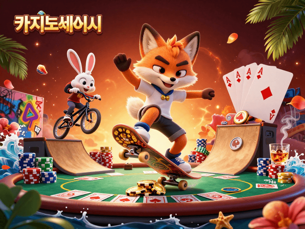 카지노사이트에서 카드 게임을 즐기는 캐릭터들이 등장한 역동적인 장면입니다.