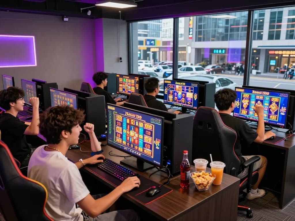 Excited players enjoying the Zeus138 online slot gaming experience in a modern lounge.