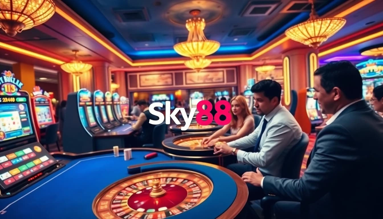 Sky88 players engaging with colorful slot machines and poker tables in a vibrant casino.