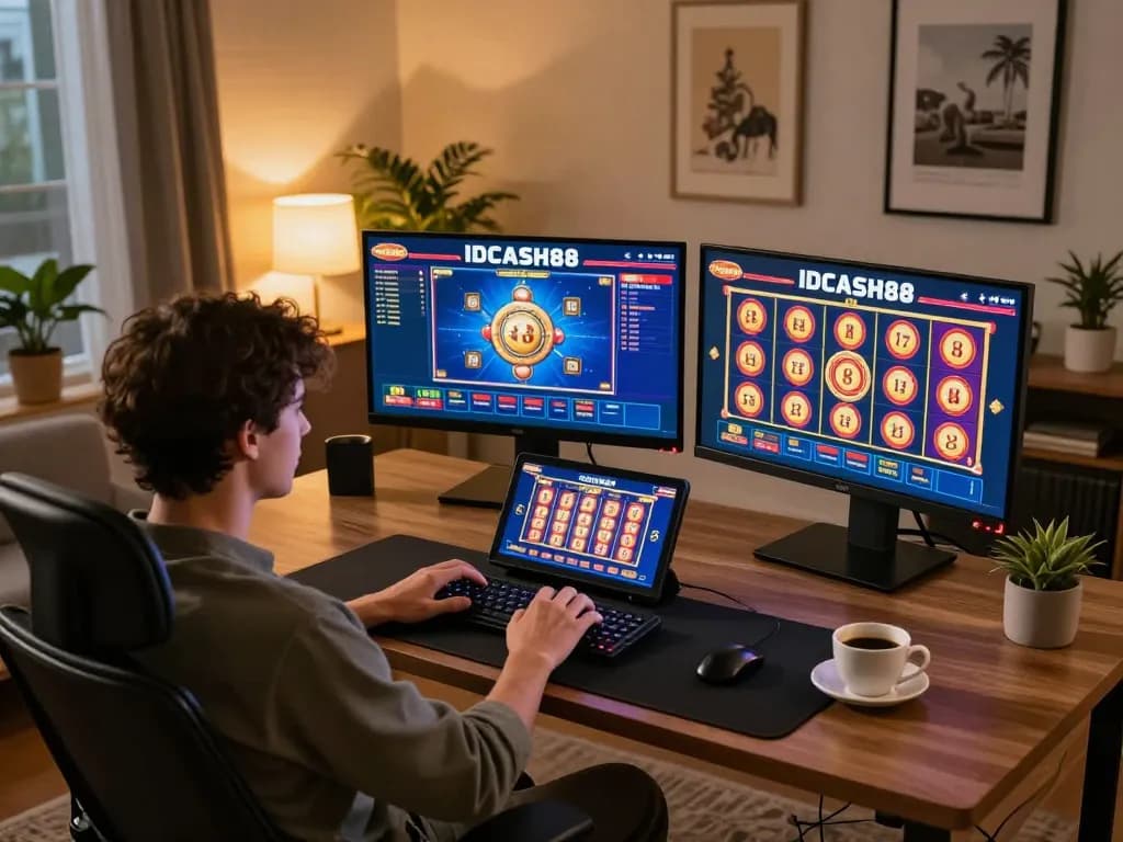 Engaged player at lecreusot-hotel using multiple screens for exciting online slot games.