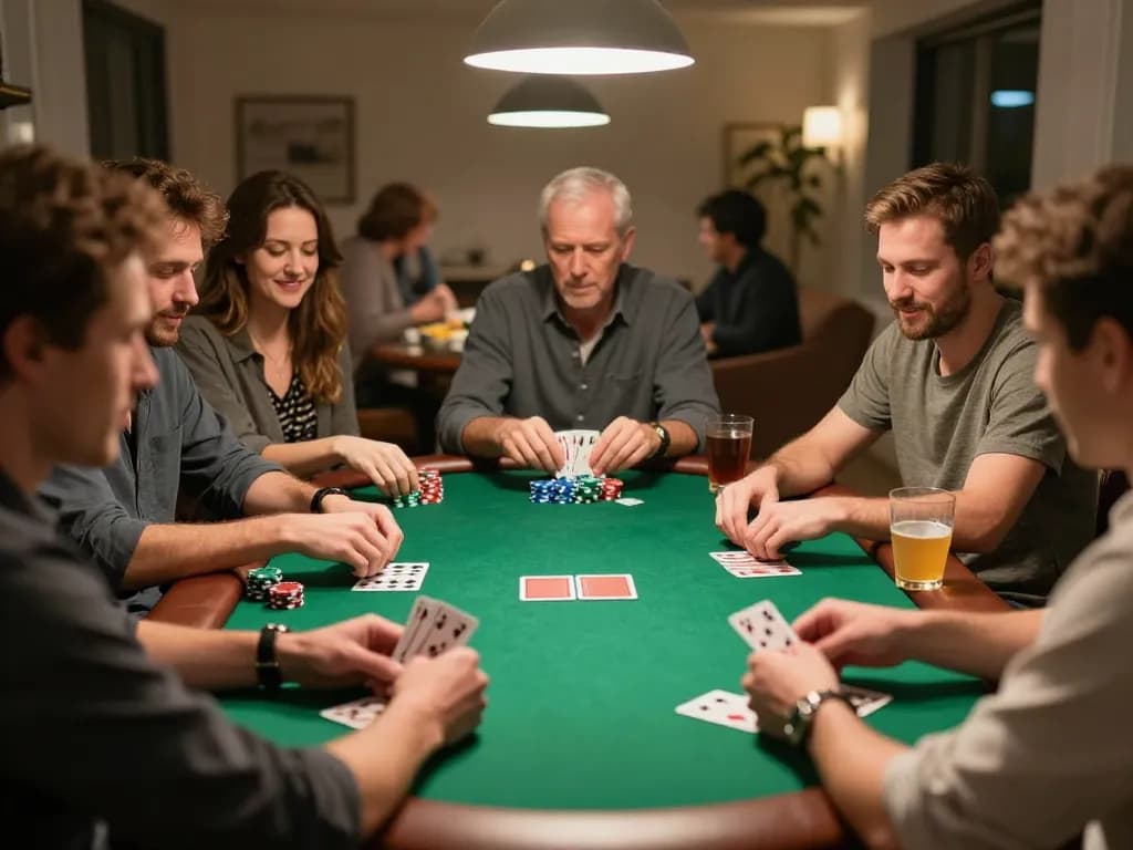TR88 home poker night highlighting players discussing strategies and showcasing poker chips.