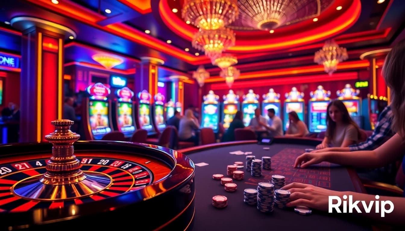 Experience the excitement of Rikvip with players enjoying card games at a vibrant casino table.