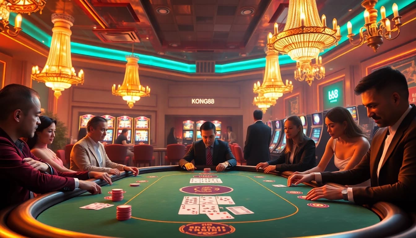 KONG88 poker players strategizing at a luxurious gaming table in an upscale casino.