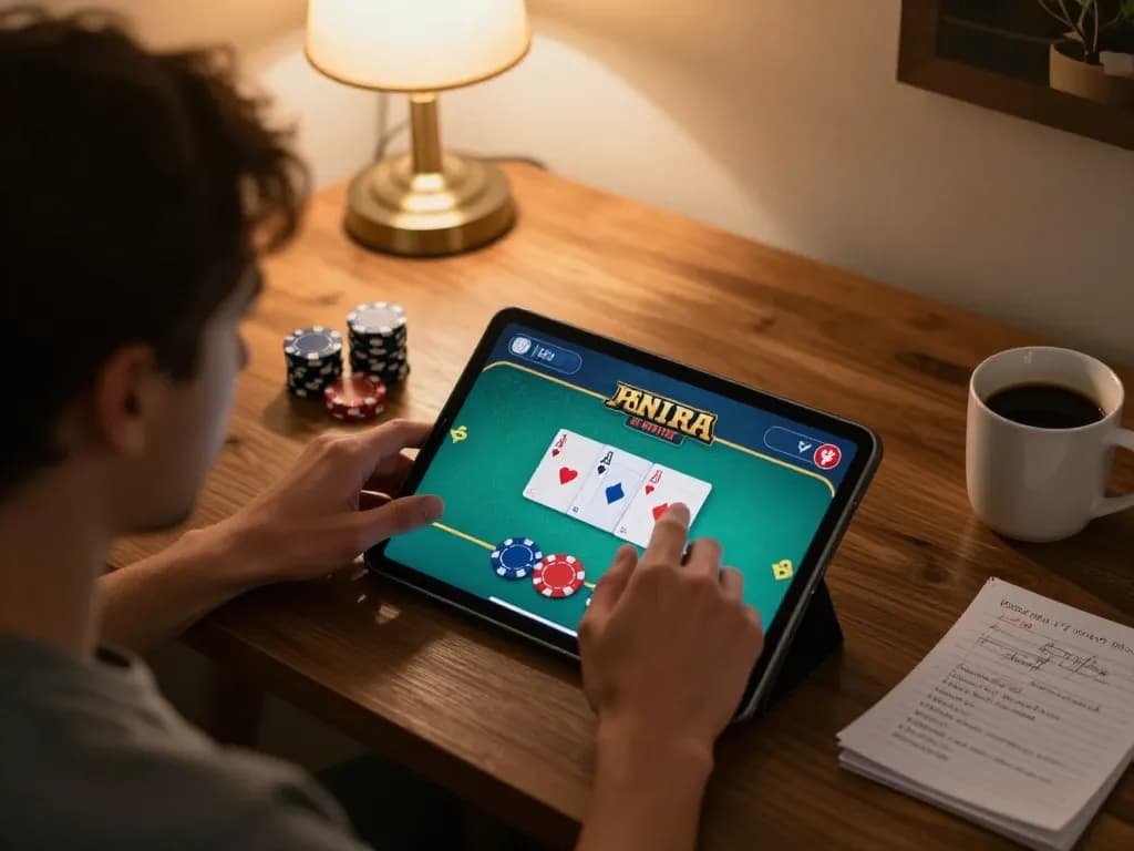 Player enjoying kkwin poker game on tablet at home with cozy ambiance.
