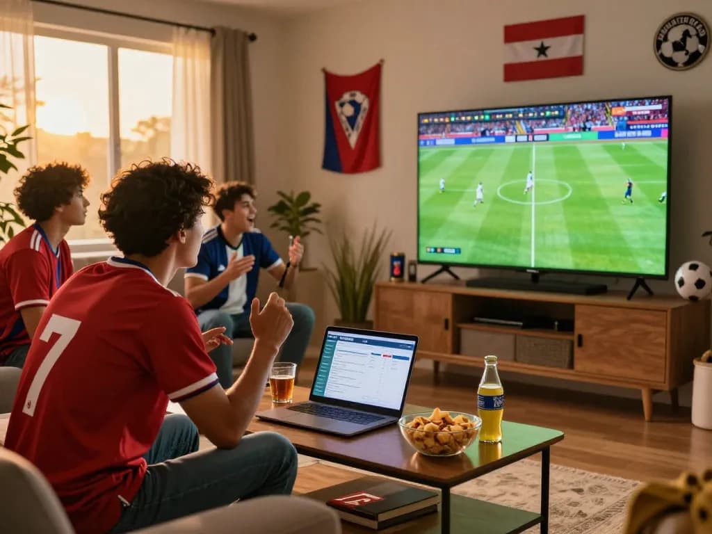 Excited football fan follows live scores on Nowgoal during a match, surrounded by friends and snacks.