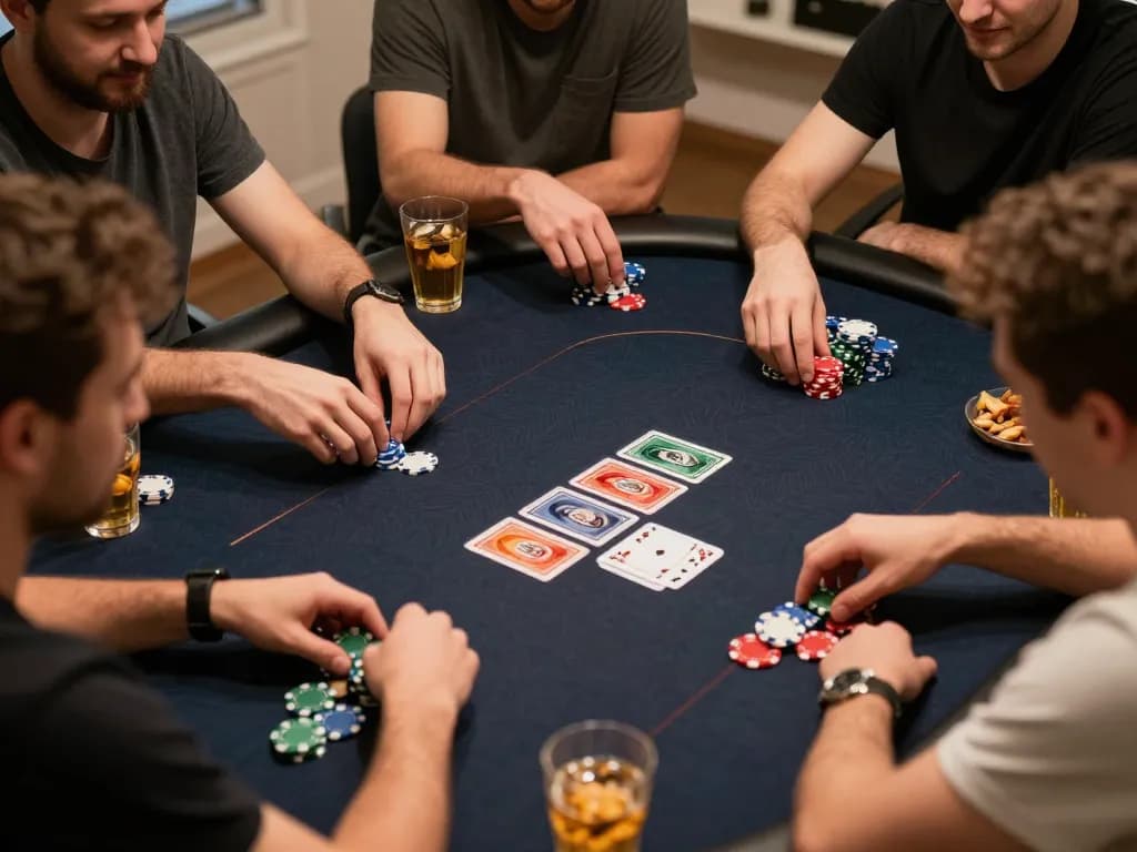 Luci123 site showcases players engaging in a lively poker night, surrounded by chips and friendly competition.