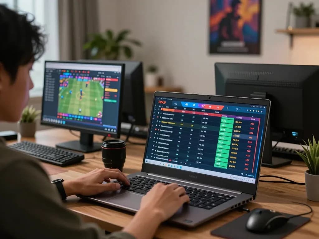 Engaged player using Ta88 for sports betting on a laptop in a modern home office.