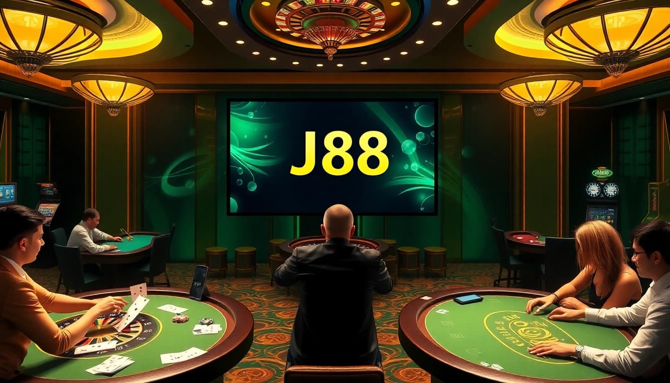 Experience the thrilling atmosphere of J88 online gaming with vibrant casino visuals and engaging players.