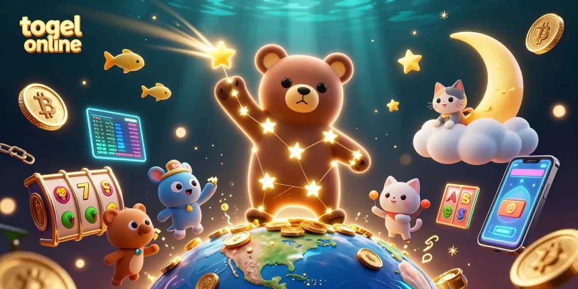 Engaging scene showing togel online action with a constellation bear, slot reels, and vibrant crypto coins.