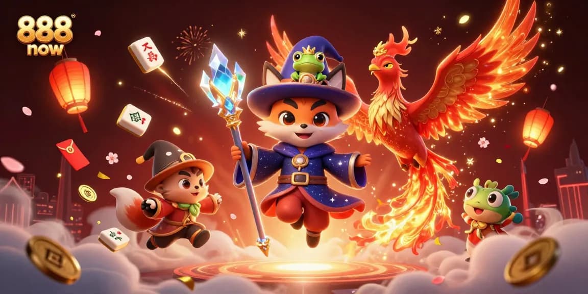 Win big with 888 now in a vibrant casino scene filled with magical characters and game elements.