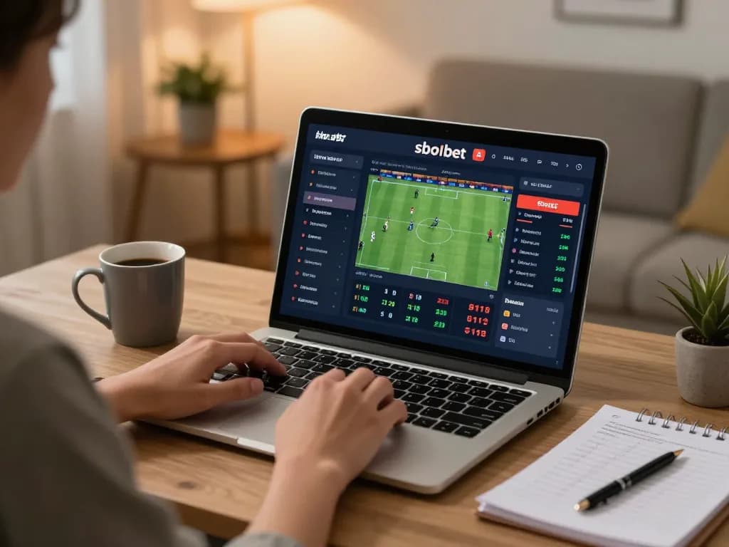 SboBet user placing live sports bets on a laptop while reviewing strategy notes.